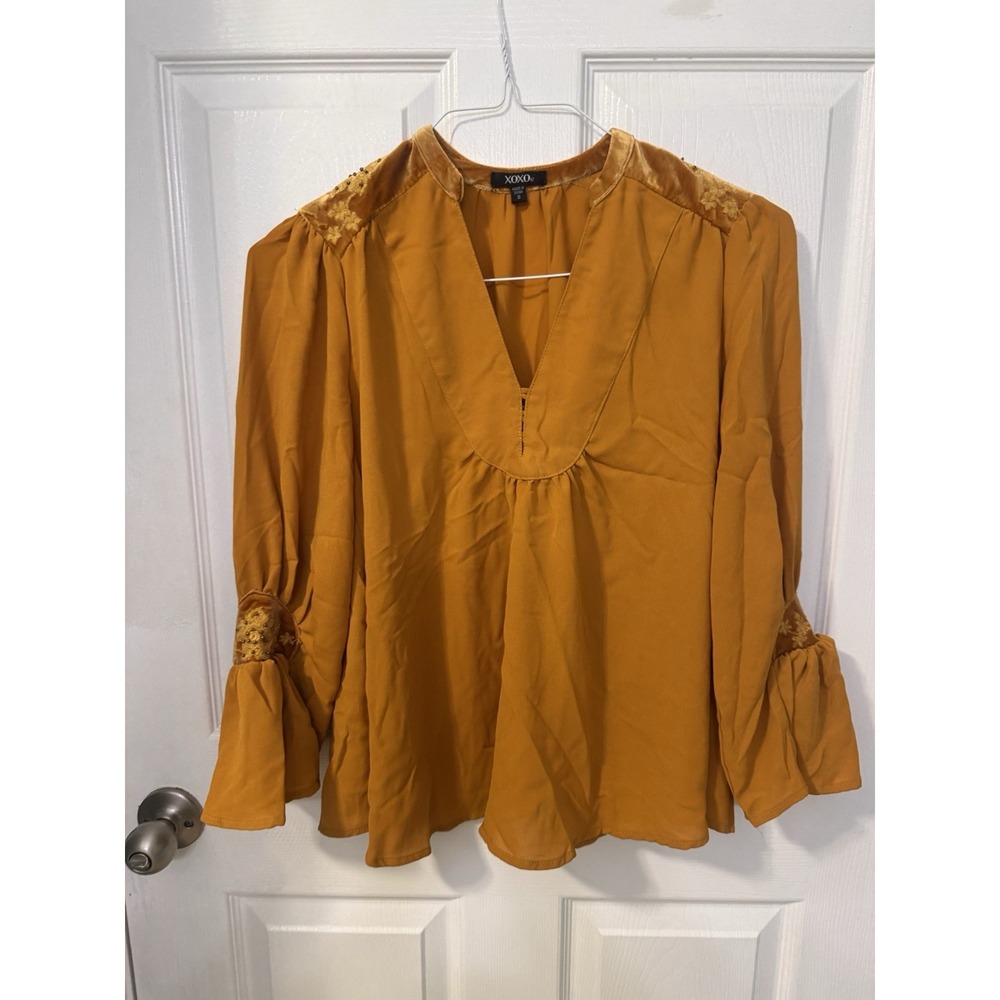 Y2K XOXO Womens S Mustard Gold Velvet Embroidered Beaded Bell Sleeve Blouse